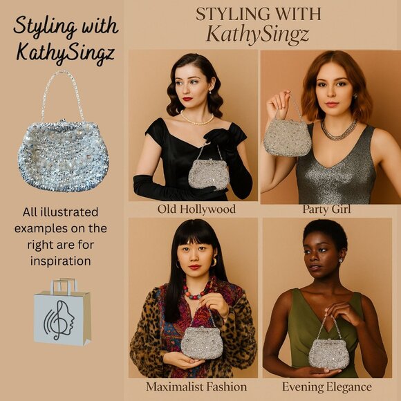 Vintage Handmade Silver Beaded Evening Bag Clutch Kiss Lock with Optional Chain - Picture 3 of 11